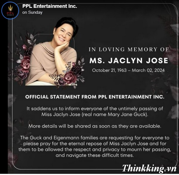 Jaclyn Jose cause of death on Saturday morning, March 2